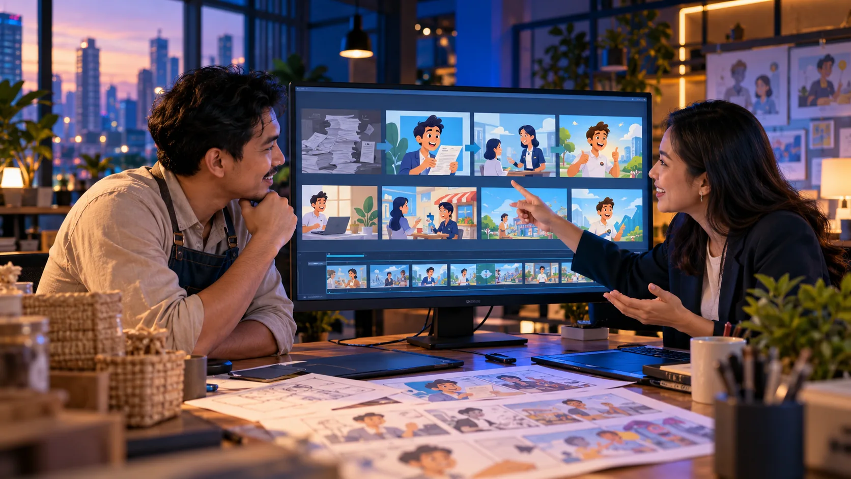 Creative team preparing a storyboard before animation production