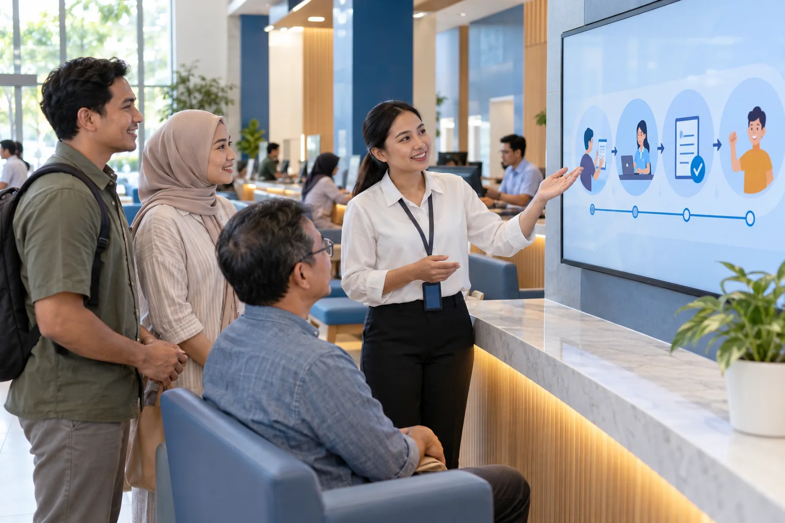 Staff explaining public service procedures using animation
