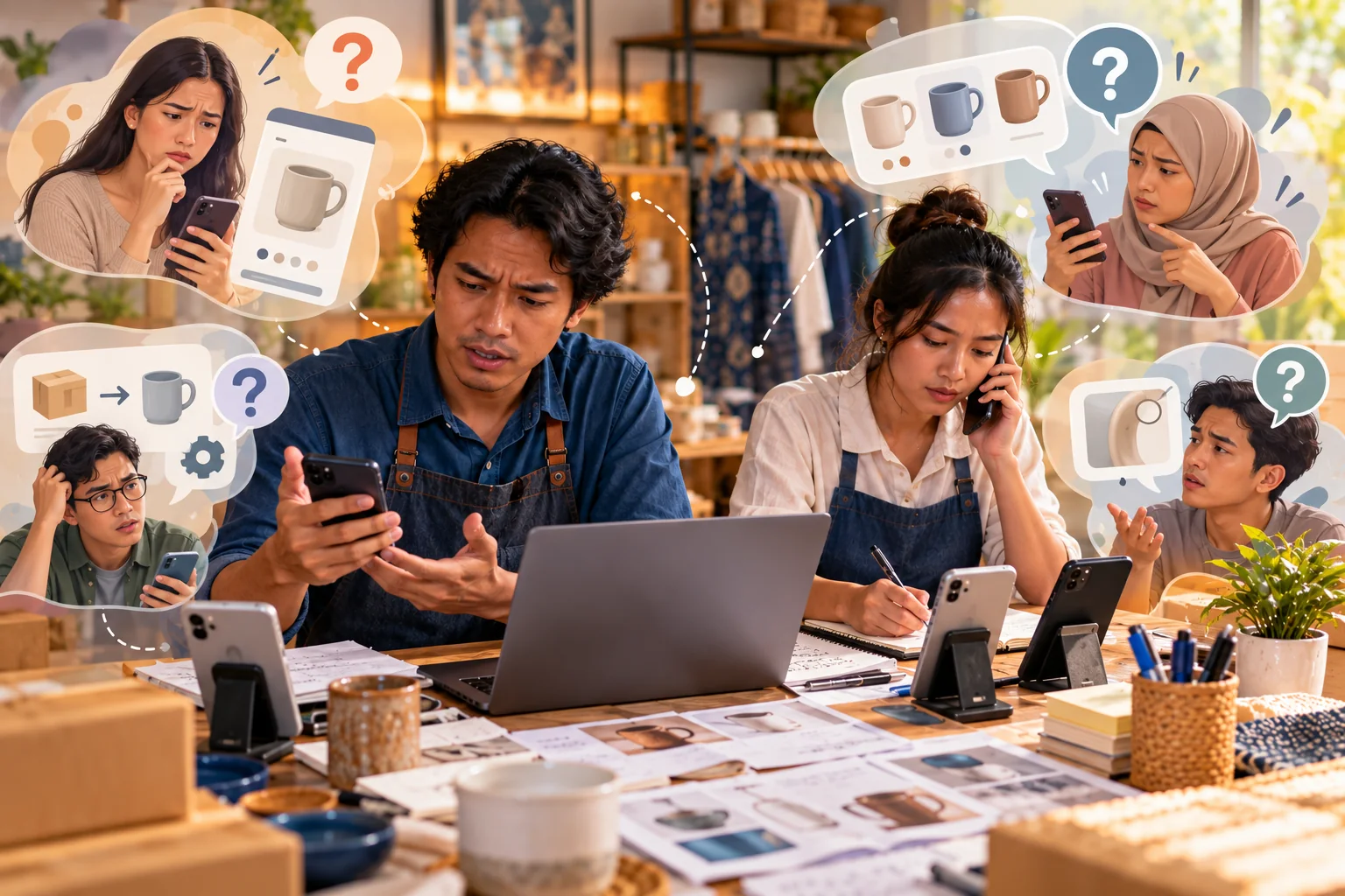 Business owner and team handling customer questions
