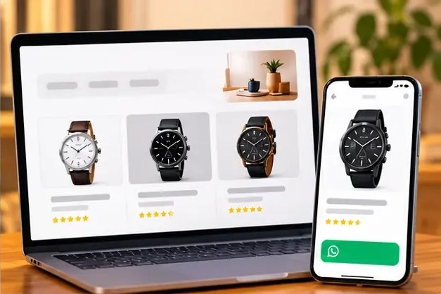 Katalog produk jam di laptop dan ponsel
